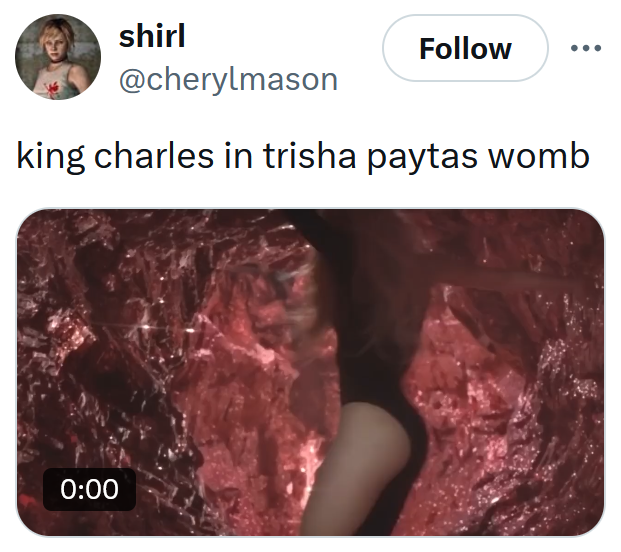 Tweet reading 'king charles in trisha paytas womb' with a gif of Shakira in the 'She Wolf' video.